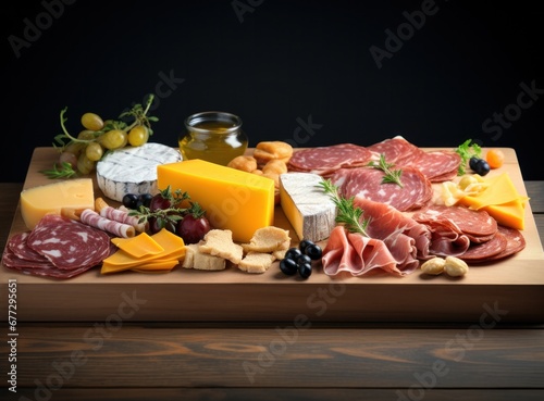 different types of cheese and meat on a wooden board