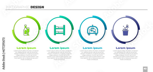 Set Champagne bottle with glass, Hotel room bed, luggage cart and Bottle of champagne. Business infographic template. Vector