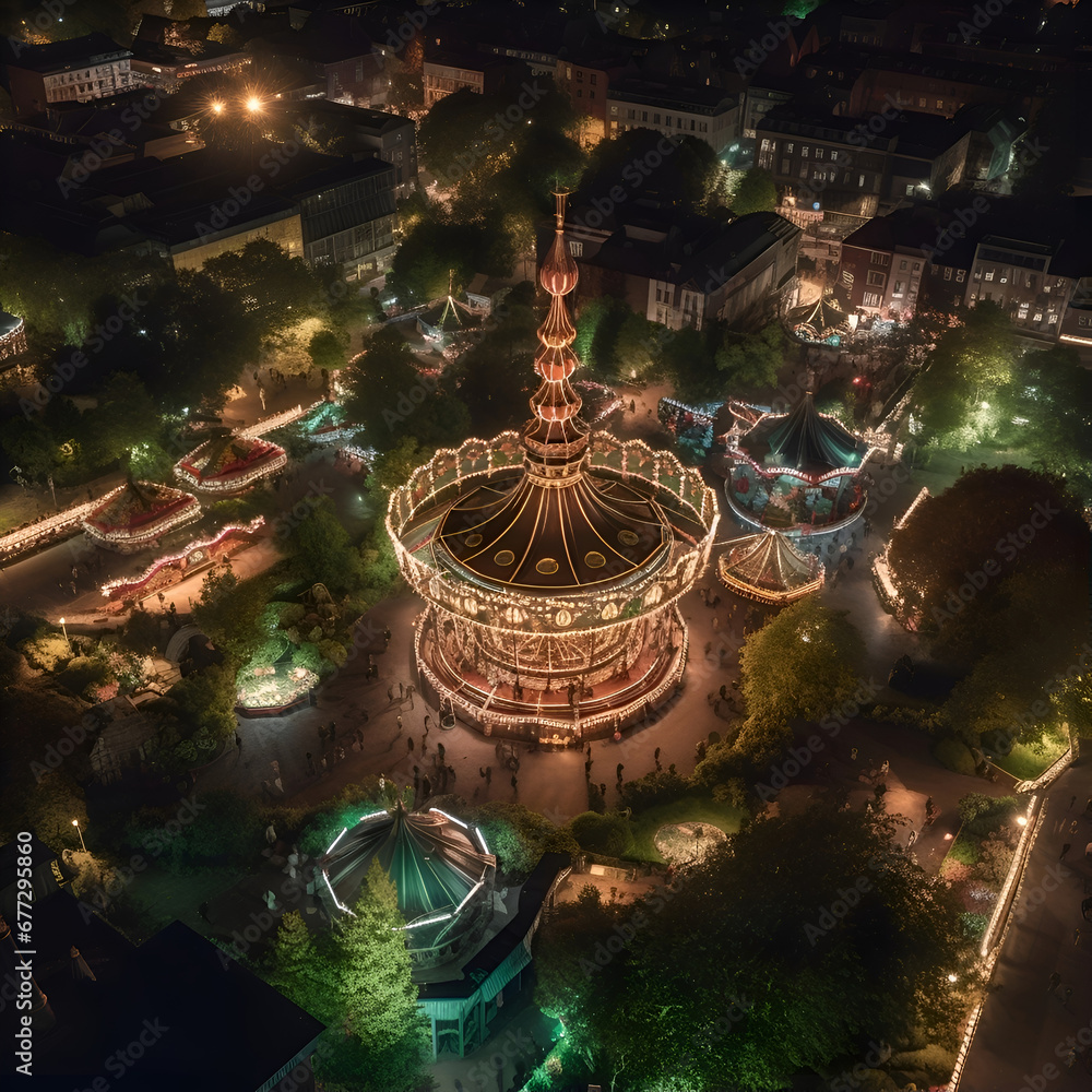 Aerial view of fairground carousel at night in Vilnius. Lithuania