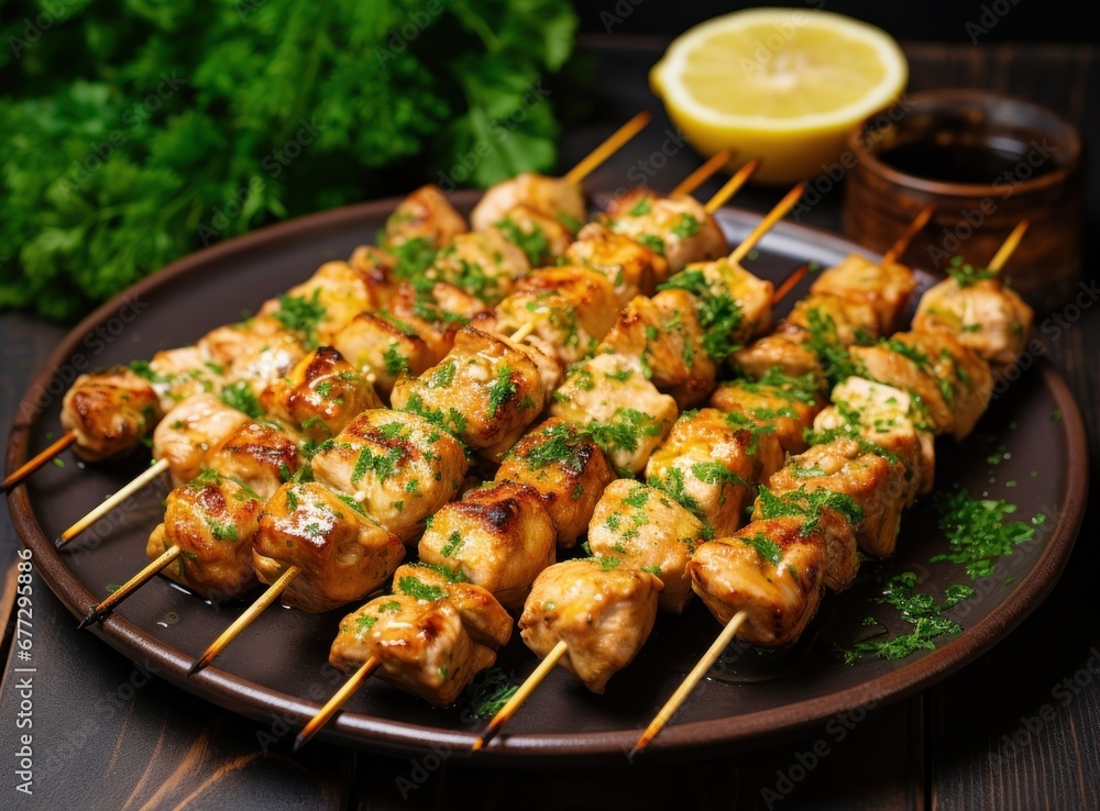 chicken skewers on a plate with parsley herbs chicken skewers on a plate with parsley herbs