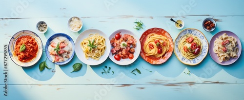 some pasta dishes on table in white and grey