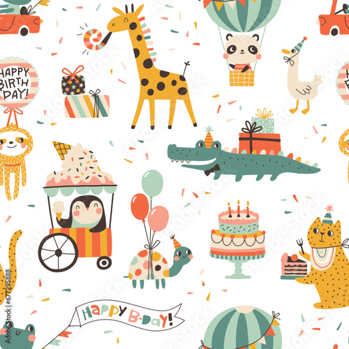 Birthday seamless pattern with cute animals. Vector hand drawn cartoon illustration of festive elements and funny characters. Vintage cheerful pastel palette is perfect for gift wrapping.