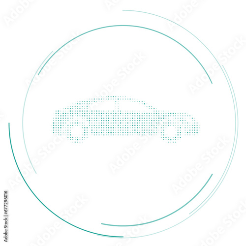 The car symbol filled with teal dots. Pointillism style. Vector illustration on white background