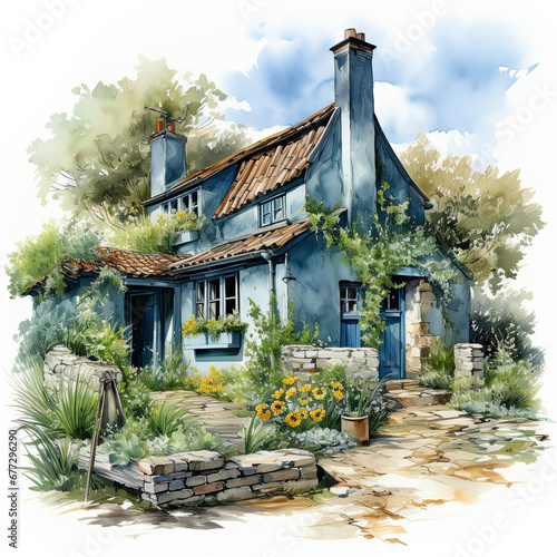 watercolor Cornish Cottage clipart  Generative Ai