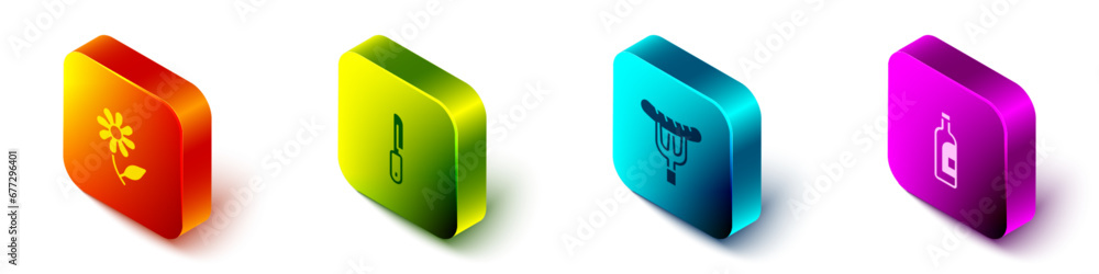 Set Isometric Flower, Knife, Sausage on the fork and Bottle of wine icon. Vector Set Isometric Flower, Knife, Sausage on the fork and Bottle of wine icon. Vector