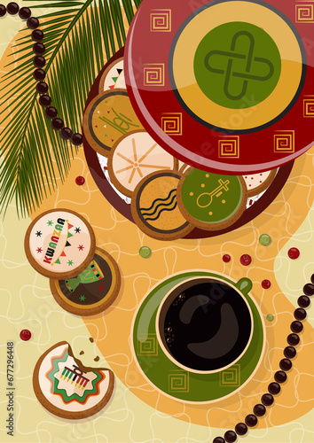 Kwanzaa holiday celebration with coffee and a box of cookies