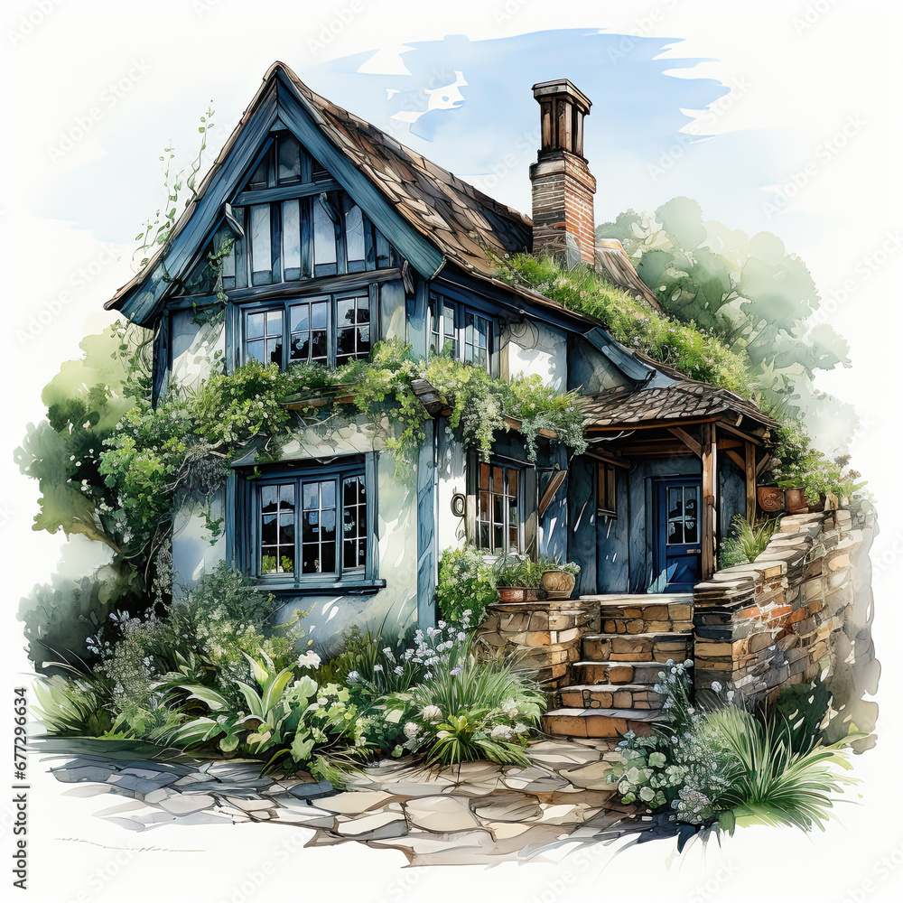 watercolor Cornish Cottage clipart, Generative Ai