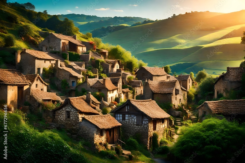 /imagine A quaint village nestled between rolling hills, surrounded by vibrant greenery and a clear blue sky.