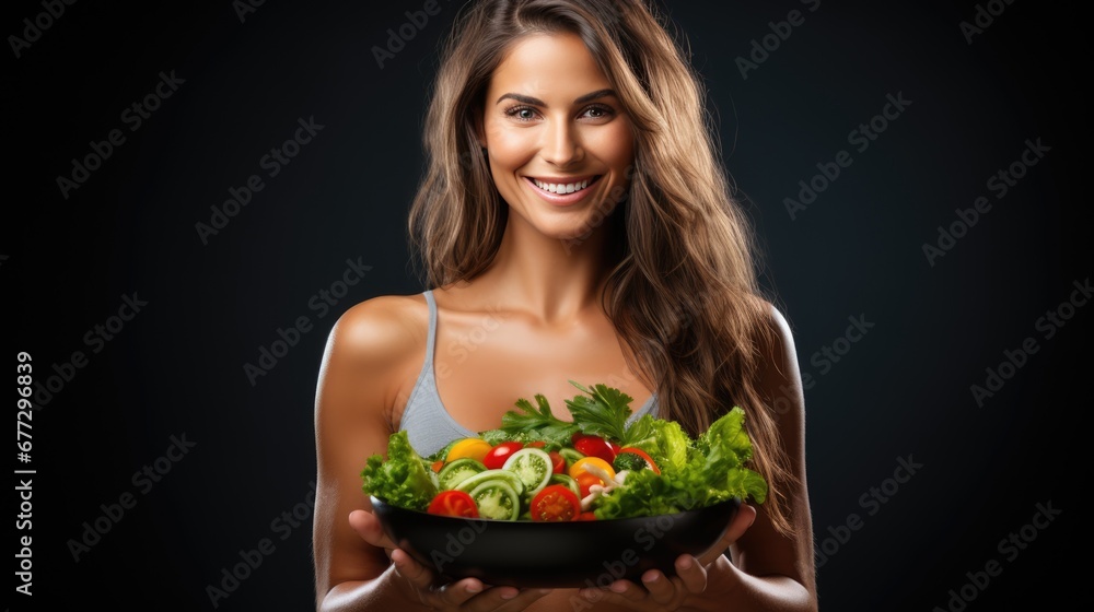 Woman holding vegan salad with many vegetables. Veganuary, Healthy lifestyle concept. lady Portrait with healthy fresh vegetarian salad.. Woman holding vegan salad with many vegetables. Veganuary, Healthy lifestyle concept. lady Portrait with healthy fresh vegetarian salad..