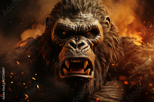 Primal Fury: Gorilla's Roar Amidst Fiery Jungle Chaos