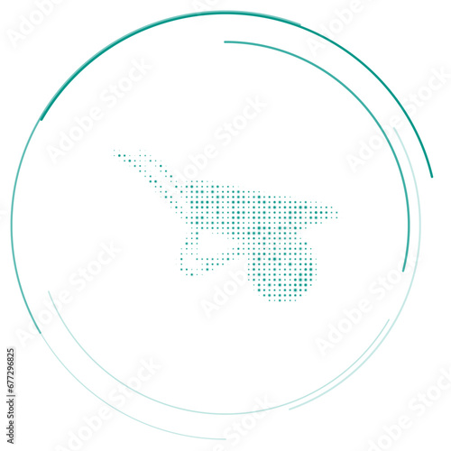 The garden wheelbarrow symbol filled with teal dots. Pointillism style. Vector illustration on white background