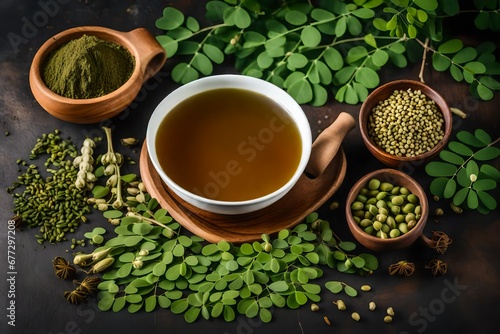 upper view of cup of tea with mint and moringa leaves with wooden background
