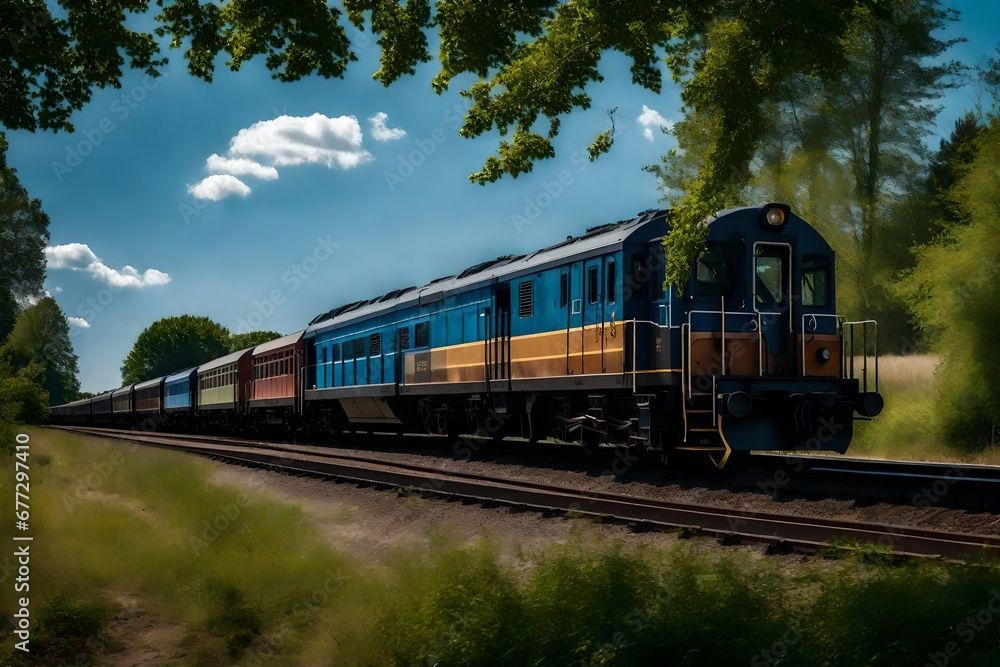 train besides the tree with blue sky