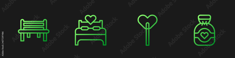 Set line Lollipop, Romantic bench, Bedroom and Chocolate candy. Gradient color icons. Vector Set line Lollipop, Romantic bench, Bedroom and Chocolate candy. Gradient color icons. Vector