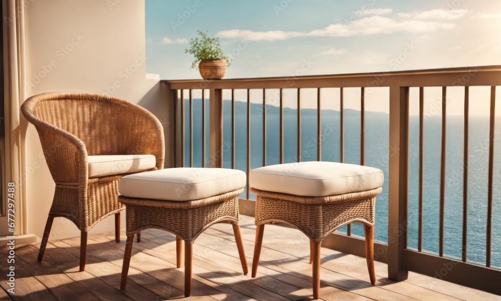 Outdoor Summer Terrace Or Balcony With Wicker Furniture In Vintage Style. Sea View.