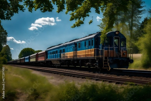 train besides the tree with blue sky