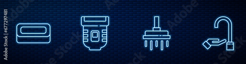 Set line Shower head, Bar of soap, Epilator and Washing hands with. Glowing neon icon on brick wall. Vector