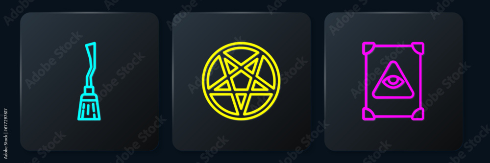 Set line Witches broom, Ancient magic book and Pentagram in circle. Black square button. Vector Set line Witches broom, Ancient magic book and Pentagram in circle. Black square button. Vector