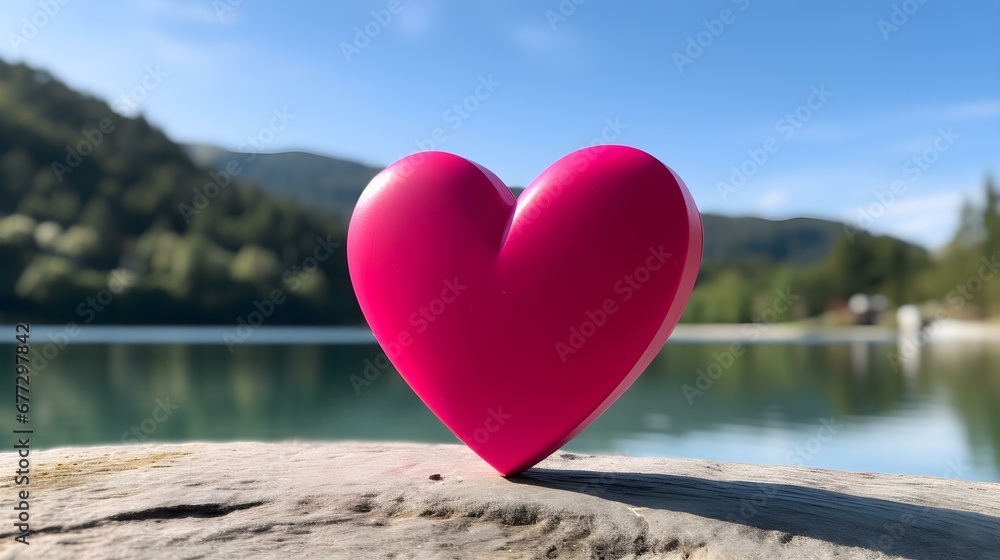 Fototapeta premium Close up of a hot pink wooden Heart in front of a beautiful Lake. Blurred natural Background