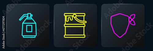 Set line Paint spray gun, Vandal and bucket. Black square button. Vector