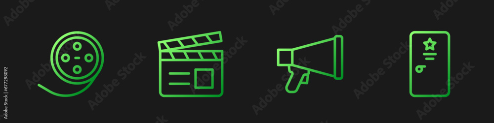 Set line Megaphone, Film reel, Movie clapper and Backstage. Gradient color icons. Vector Set line Megaphone, Film reel, Movie clapper and Backstage. Gradient color icons. Vector