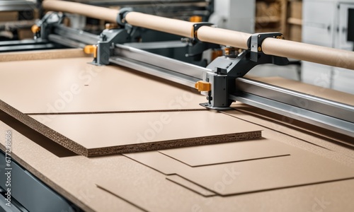 Cutting sheets of chipboard. Cutting sheet material chipboard on the machine. Production of kitchen facades on a drilling and filling machine for furniture facades.