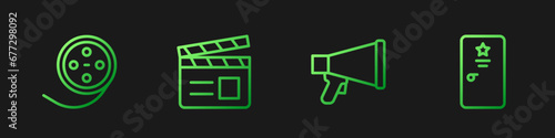 Set line Megaphone, Film reel, Movie clapper and Backstage. Gradient color icons. Vector