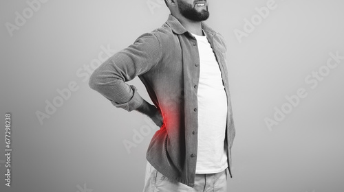 Sad young european man in casual hold back with hands, suffer from pain at red inflammation © Prostock-studio
