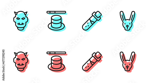 Set line Bottle with potion, Mask of the devil horns, Magic hat and wand and Rabbit ears icon. Vector