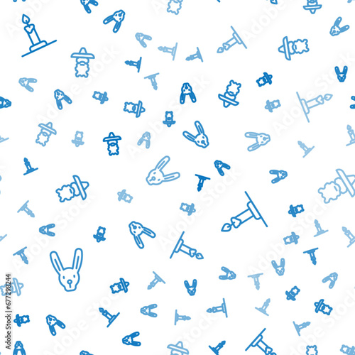 Set line Rabbit with ears, Burning candle in candlestick and Wizard warlock on seamless pattern. Vector