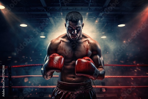 In the boxer stadium, a male boxer can be seen wearing red boxing gloves, surrounded by a cloud of smoke in the background. © Tirawat
