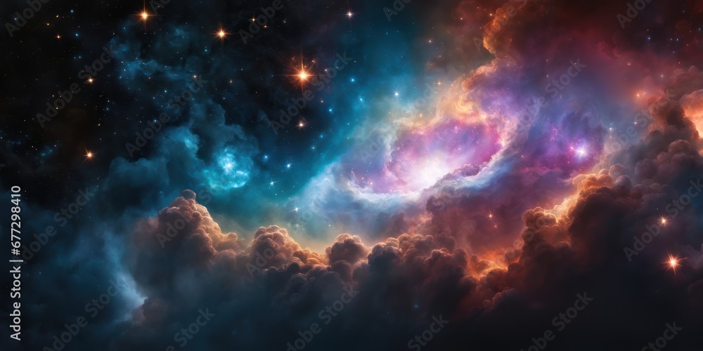 Colorful cosmic nebula veiled in space dust, a celestial spectacle. Fantastic space nebula with glowing cosmic clouds on black background. Universe, stars and galaxies clusters of fantastic worlds