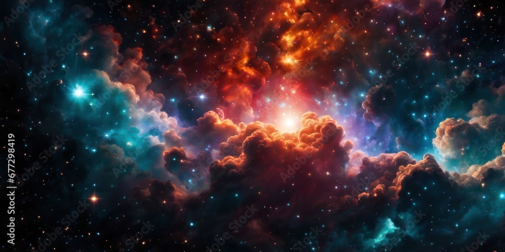 Colorful cosmic nebula veiled in space dust, a celestial spectacle. Fantastic space nebula with glowing cosmic clouds on black background. Universe, stars and galaxies clusters of fantastic worlds - obrazy, fototapety, plakaty 