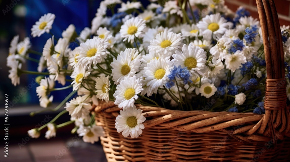 Bouquet of beautiful daisies in a wicker basket. Springtime  concept with a space for a text. Valentine day concept with a copy space.