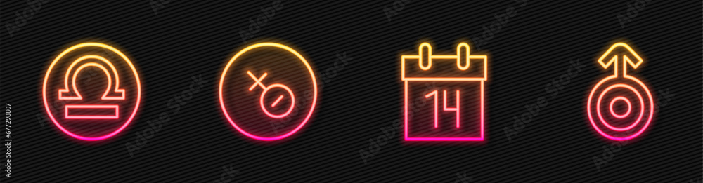 Set line Calendar, Libra zodiac, Venus symbol and Symbol Uranus. Glowing neon icon. Vector Set line Calendar, Libra zodiac, Venus symbol and Symbol Uranus. Glowing neon icon. Vector