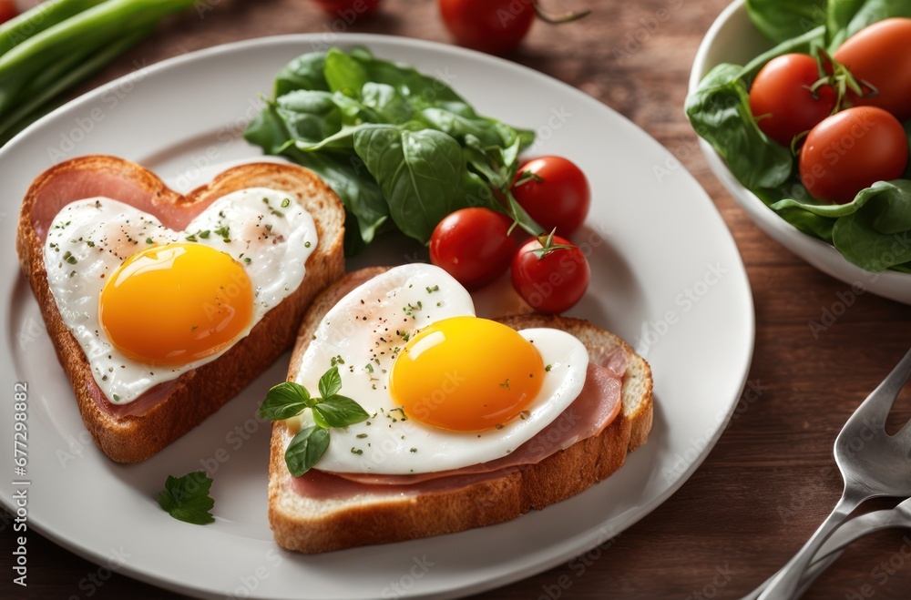 Big breakfast with egg, tomato, bacon and rocket on toast served on rustic wooden board. Heart shaped ham and egg toast Big breakfast with egg, tomato, bacon and rocket on toast served on rustic wooden board. Heart shaped ham and egg toast