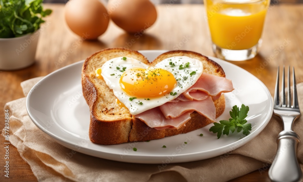Big breakfast with egg, tomato, bacon and rocket on toast served on rustic wooden board. Heart shaped ham and egg toast with orange juice Big breakfast with egg, tomato, bacon and rocket on toast served on rustic wooden board. Heart shaped ham and egg toast with orange juice