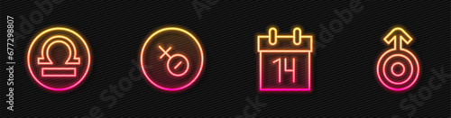 Set line Calendar, Libra zodiac, Venus symbol and Symbol Uranus. Glowing neon icon. Vector