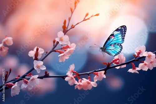 Serenity of Spring: Yellow Butterfly and Blooming Apricot Branch at Dawn