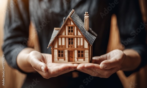 Female woman Hands holding wooden house. Small house in a human hand. New home, business, investment and real estate concept.
