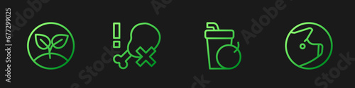Set line Fresh smoothie, Sprout, No chicken leg and Pig. Gradient color icons. Vector