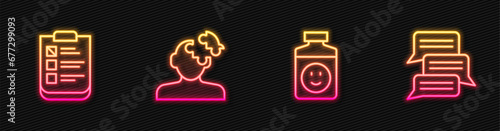 Set line Antidepressants, Psychological test, Solution problem in psychology and Online psychological counseling. Glowing neon icon. Vector