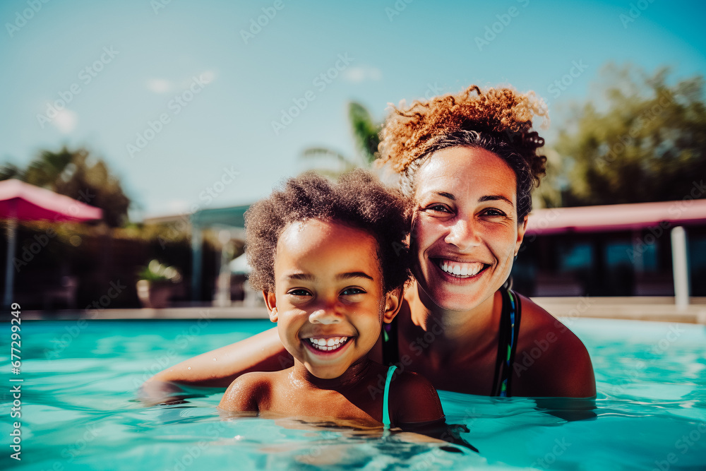Mère se baignant avec son enfant dans la piscine