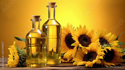 Still life with sunflower oil in bottles, sunflower seeds and sunflowers as decortation on a wooden table against a yellow background  photo