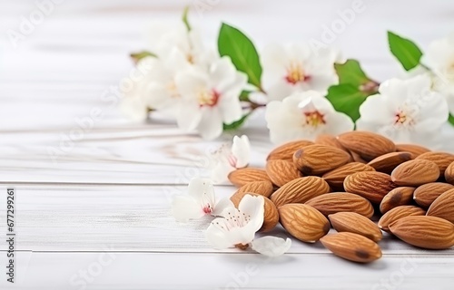 nuts almonds and almond flowers with leaves on white wooden table soft light for diet food card design