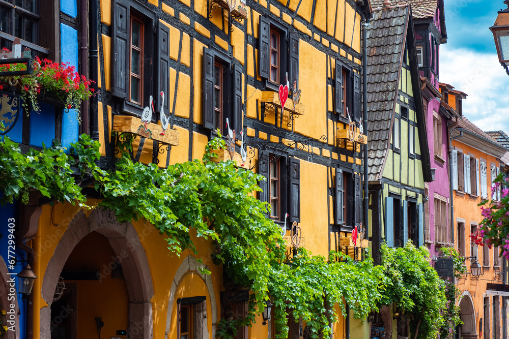 Fototapeta premium Beautiful colorful half timbered house of the village of Riquewihr in Alsace France