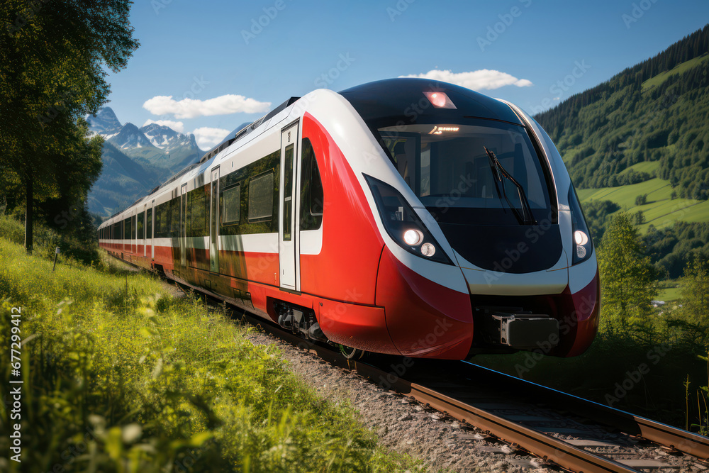 Naklejka premium Öffentlicher Nahverkehr - rot-weiße Alpenbahn im Allgäu. Illustration - erzeugt mit Generative AI.