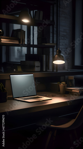 Workplace with laptop and coffee cup on table in office at night