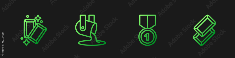 Set line Gold medal, bars, Molten gold being poured and . Gradient color icons. Vector Set line Gold medal, bars, Molten gold being poured and . Gradient color icons. Vector
