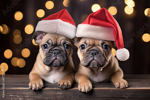 Zwei französische Bulldoggen mit Santa-Claus Mütze mit glitzerndem Christmas - Hintergrund, lustiges Hundemotiv erzeugt mit Generative AI. photo